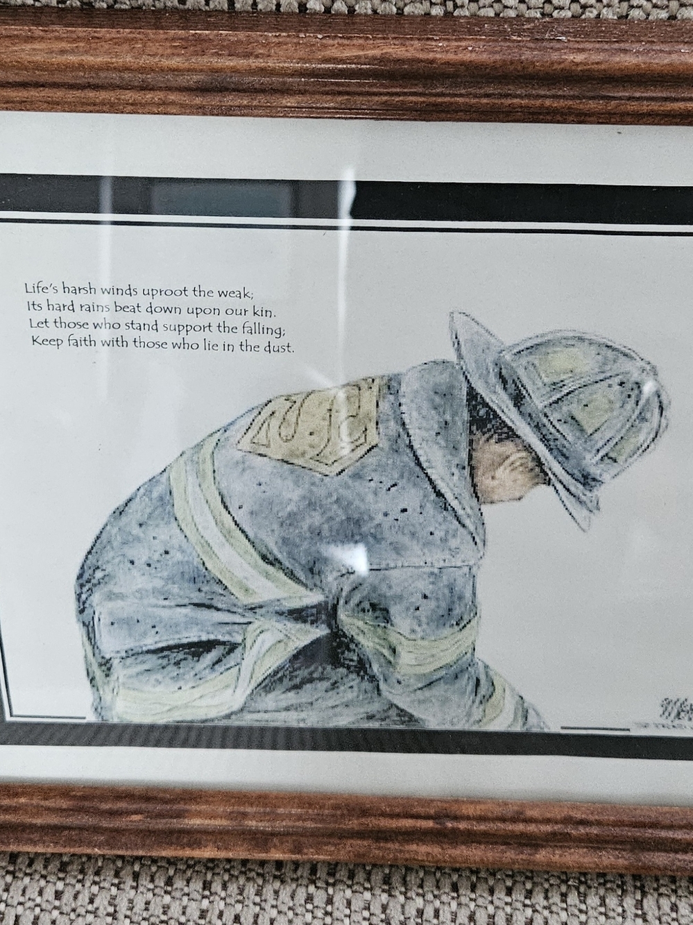 Watercolor Firefighter Print Framed Art - Blue and Tan Tones